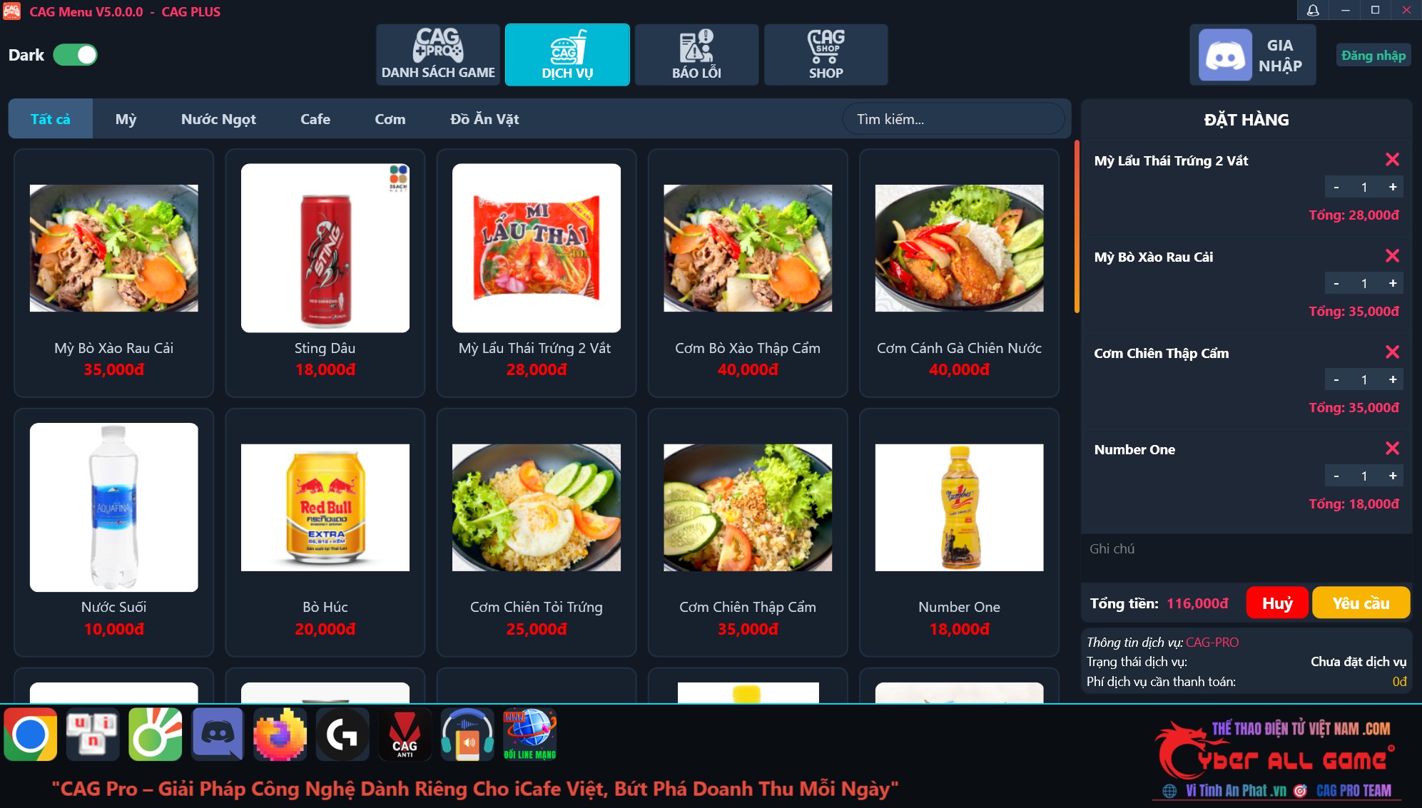 oder dịch vụ qu&aacute;n n&eacute;t tr&ecirc;n menu game cag